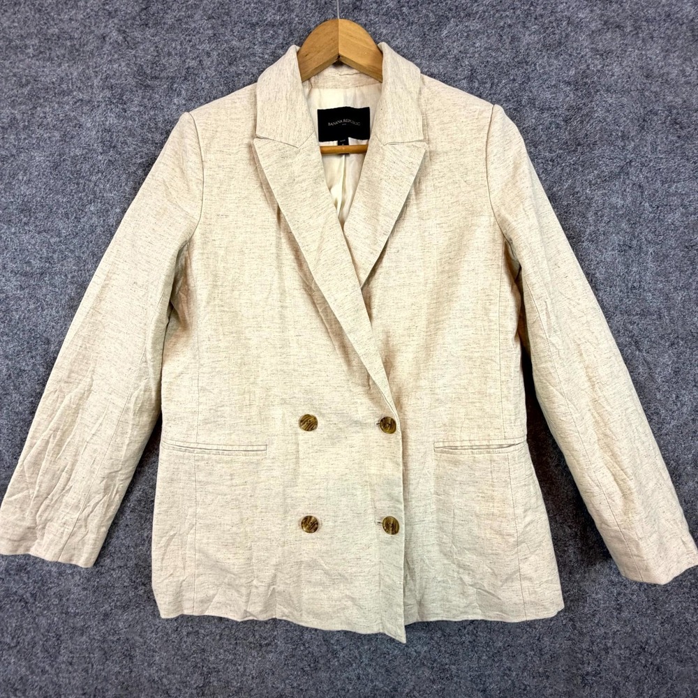 Banana Republic Blazer Jacket Womens 6 Petite Beige Linen Double Breasted Casual